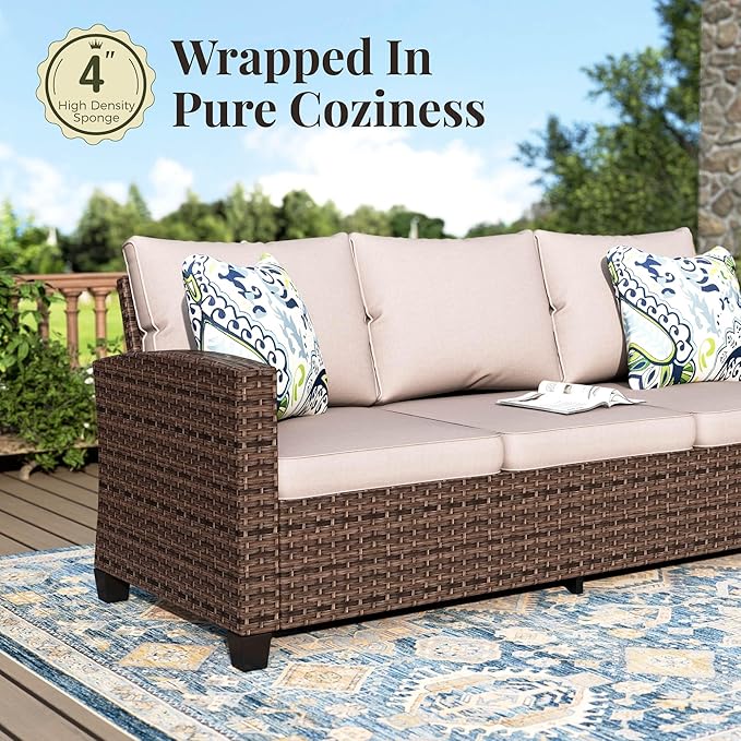 Patio Furniture Set, 6 Pcs Wicker Rattan Outdoor Conversation Set, 2 x Leg Chairs, 1 x 3 Seater Sofa and 2 x Ottoman with 4" Thick Cushion and 32" Fire Pit Table, Beige
