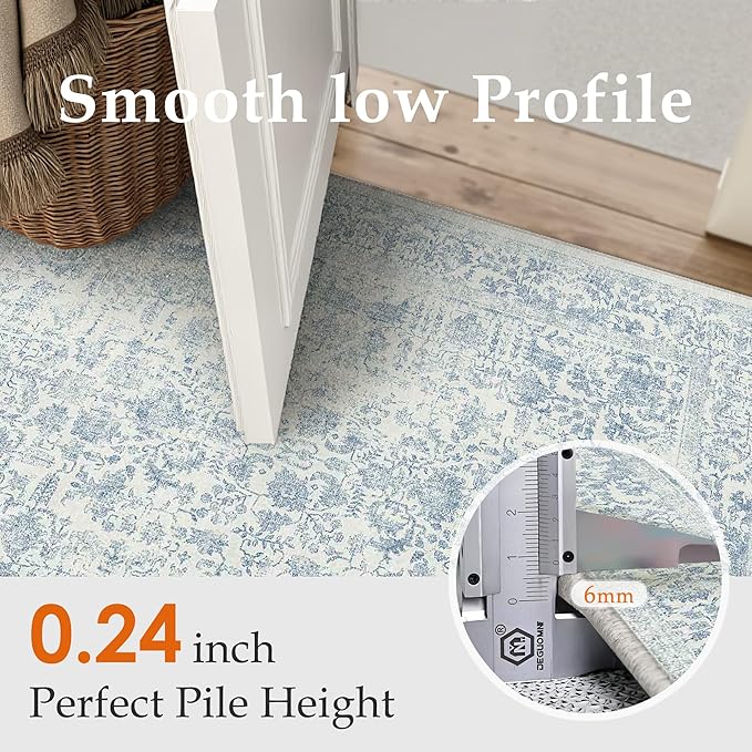 Blue Runner Rug 2x14 Hallway Machine Washable Kitchen Vintage Distressed Non Slip Long Carpet Indoor Retro Floral Bedroom Accent Throw Rug for Bathroom Office Laundry Dining Room