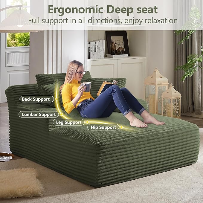 GNIXUU Oversized Boneless Chaise Lounge Chair Indoor, Comfy Fluffy Lounge Sofa Upholstered Sleeper Sofa Couch with Throw Pillows and Armrests, Corduroy Plush Cloud Chair for Living Room, Olive Green