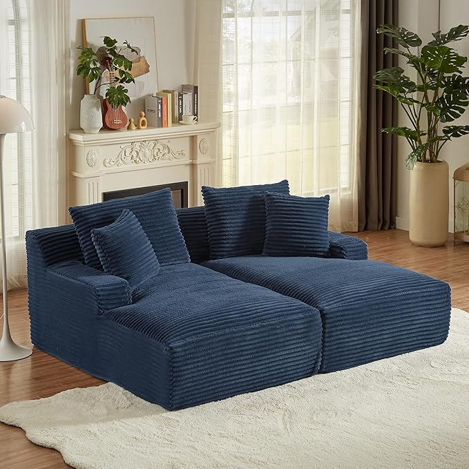 Oversized Double Chaise Lounge, Corduroy Boneless Couch, Modern Oversized Chaise Lounge, Upholstered Sleeper Sectional Sofa Daybed with Throw Pillows and Armrest for Living Room, Blue