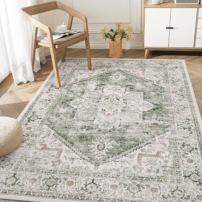 LIVEBOX Washable Area Rug 4x6 Vintage Tribal Bedroom Rugs Vintage Low-Pile Indoor Rug for Living Room, Non-Slip Retro Carpet Print Distressed Accent Carpet for Kitchen Entryway Office Camper, Sage