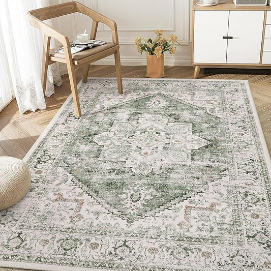 LIVEBOX Washable Area Rug 4x6 Vintage Tribal Bedroom Rugs Vintage Low-Pile Indoor Rug for Living Room, Non-Slip Retro Carpet Print Distressed Accent Carpet for Kitchen Entryway Office Camper, Sage