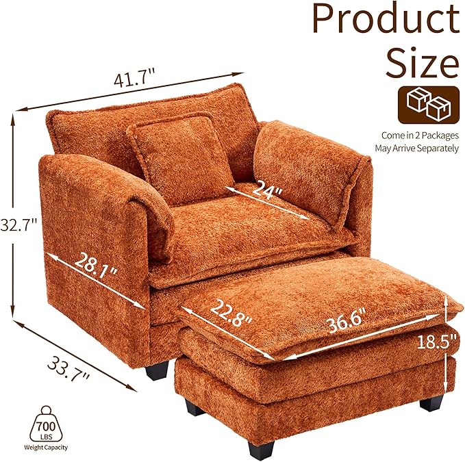 SweetGO corporation 42" Plush Single Sofa Accent Chair with Ottoman for Living Room/Bedroom, Modern Couch for Cozy Lounge Chair for Reading, Orange