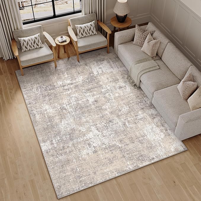 Machine Washable Area Rug 5x7 Beige Gray Large Living Room Indoor Accent Rug Neutral Modern Abstract Low Pile Carpet Non Slip Distressed Throw Rug Bedroom Office Dining Room Kitchen Laundry