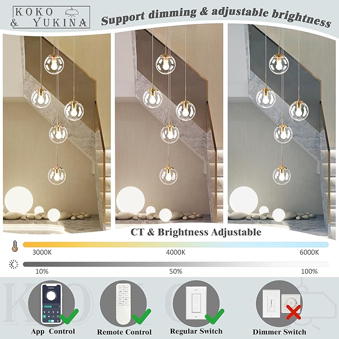 KoKo&Yukina 5-Light Globe Glass Pendant Light Adjustable Length Pendant Lights Modern Gold Clear Globe Glass Chandelier High Ceiling Lights Fixtures for Foyer Staircase Entryway (Bulb & Remote Incl.)