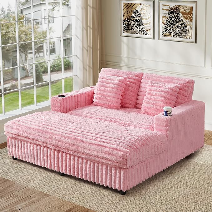 RARZOE 64'' Oversized Chaise Lounge Chair Indoor, Plush Faux Rabbit Fur Sleeper Sofa Bed with 4 Pillows, Charging Station & Cup Holders, Fluffy Comfy Cloud Couch Loveseat Sofa for Living Room,Pink