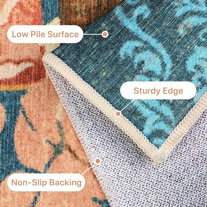 GENIMO Floral Runner Rug 2'6''x8, Machine Washable Non Slip Vintage Patchwork Hallway Runner, Ultra-Thin Low Pile Runners for Indoor Entryway, Hallway, Kitchen and Corridor,Rose Red