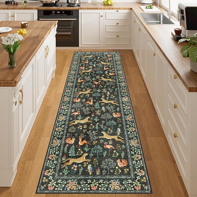 DUKINO 2.6x8 Rug for Hallway, Washable Kitchen Runner Rug with Non Slip Backing, Soft Low Pile Vintage Animal Runner for Bedroom, Kitchen, Hallway, Entryway, Laundry, Black