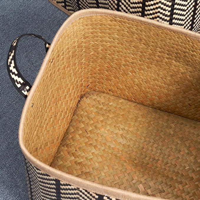 Set of 2 Isidore Square Palm Leaf Woven Wicker Storage Baskets with Handles (14"x14"x15" and 16"x16"x17" - Black-Brown) - Perfect for Halloween, Thanksgiving, and Home Organization
