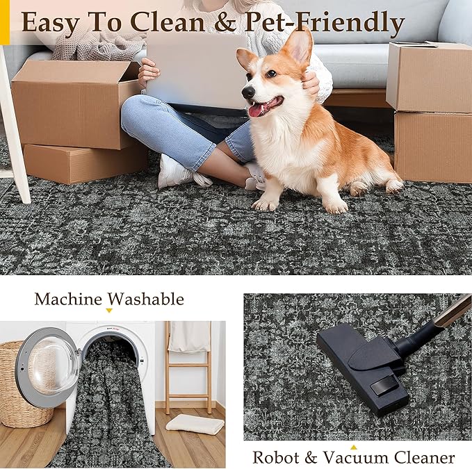 Dark Black Area Rug 8x10 Machine Washable Large Vintage Living Room Distressed Non Slip Carpet Traditional Indoor Bedroom Retro Floral Accent Throw Rug for Office Kitchen Dining Room