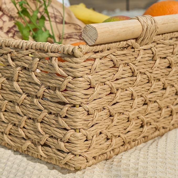 Isidore Paper Rope Woven Rectangular Multi-Use Baskets, 16.9" x 12.9" x 8.6", 14.5" x 11.8" x 5.5", Natural Brown
