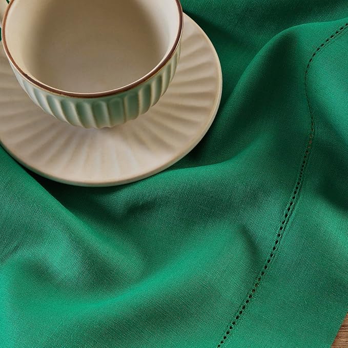 Solino Home Linen Emerald Green Hemstitch Table Runner 36 Inches - 100% Pure Linen Small Table Runner 14 x 36 Inch Ideal for Dresser and Coffee Tables - Classic Hemstitch - Christmas