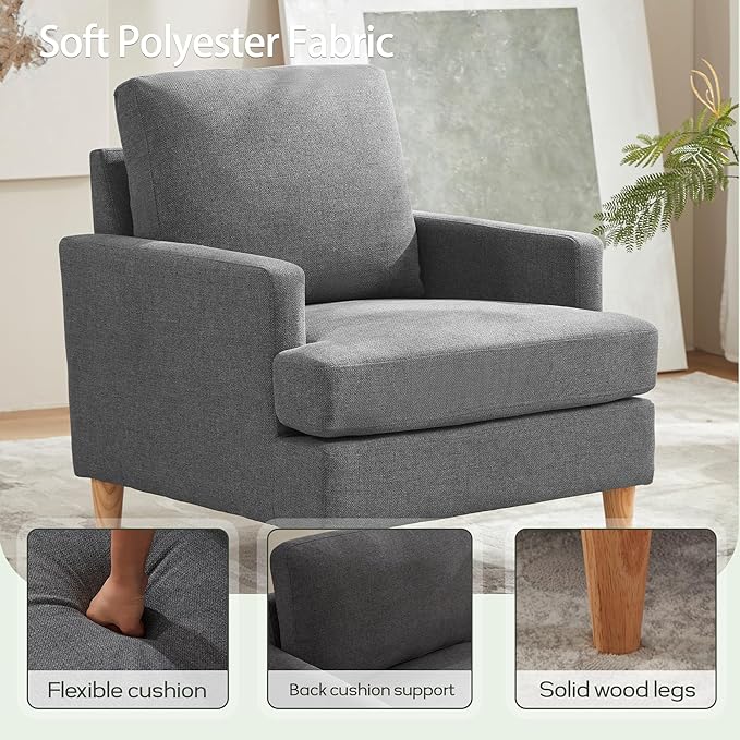 VKNOW Mid-Century Accent Chair, Modern Upholstered Chenille Armchair for Living Room,Comfy Reading Accent Chairs with Wood Legs for Bedroom, Dark Grey Polyester