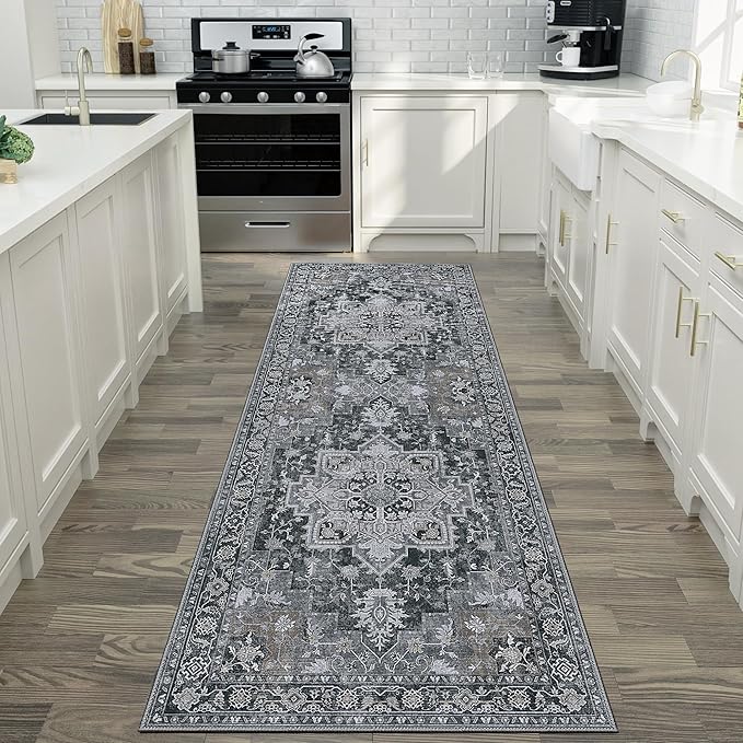 GENIMO 2'6''x14 Runner Rugs for Hallway, Machine Washable Non Slip Vintage Rugs, Low Pile Lightweight Soft Print Rug for enrtyway, Corridor, Home Office, Kitchen,Dark Gray