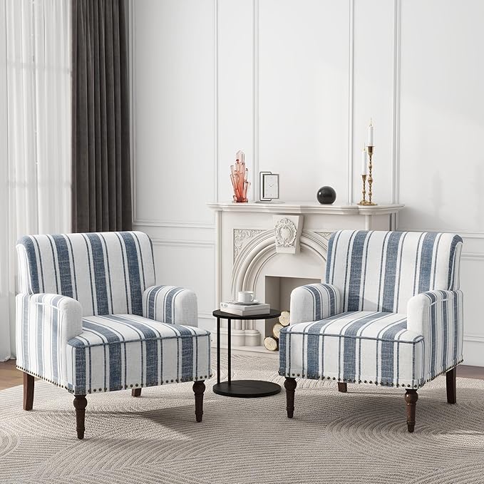 Modern Accent Chair with Arms,2 Set Mid Century Stripe Armchair for Living Room,Comfy Linen Fabric Single Sofa for Apartment Bedroom,Comfortable Cushioned Seat for Reading Home Office-Dark Blue Stripe