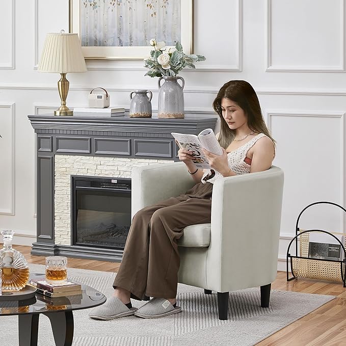 Yaheetech Velvet Accent Chair, Modern and Comfortable Armchairs, Upholstered Barrel Sofa Chair for Living Room Bedroom Waiting Room, Beige