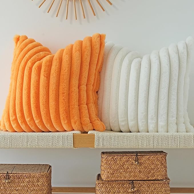 JOJUSIS Pack of 2 Faux Fur Plush Decorative Throw Pillow Covers Couch Cushion Case Soft Pillowcases (Orange, 24 x 24-Inch)