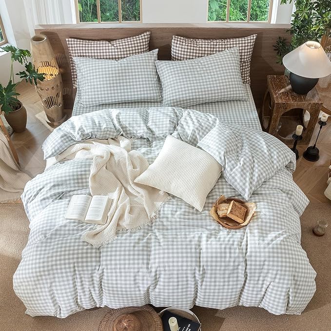 MooMee Gingham Duvet Cover Set 100% Washed Cotton Linen Like Textured Breathable Durable Soft Comfy Modern Checkered Design (Northern Droplet Grey Gingham, Palatial King/Oversized King 120"x98")