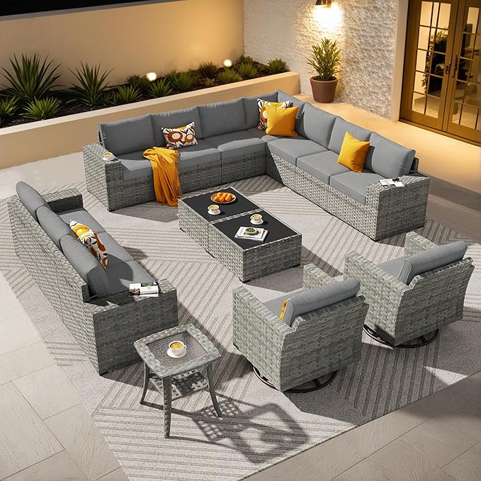 ovios 15 Pieces Patio Furniture Set, Outdoor Wicker Sectional Sofa with Swivel Chairs Coffee Table, Modern Modular Deep Seat Rattan Couch Conversation Sets, Dark Grey