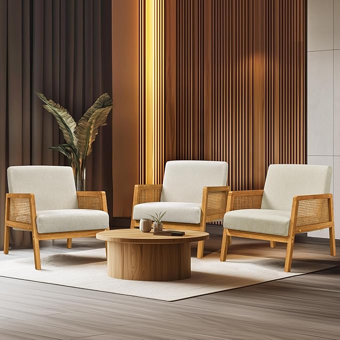 Yaheetech Accent Chair, Modern Armchair with Wood Legs, Mid Century Living Room Chair Linen Comfy Lounge Chair for Bedroom Reading Room, Set of 2, Beige