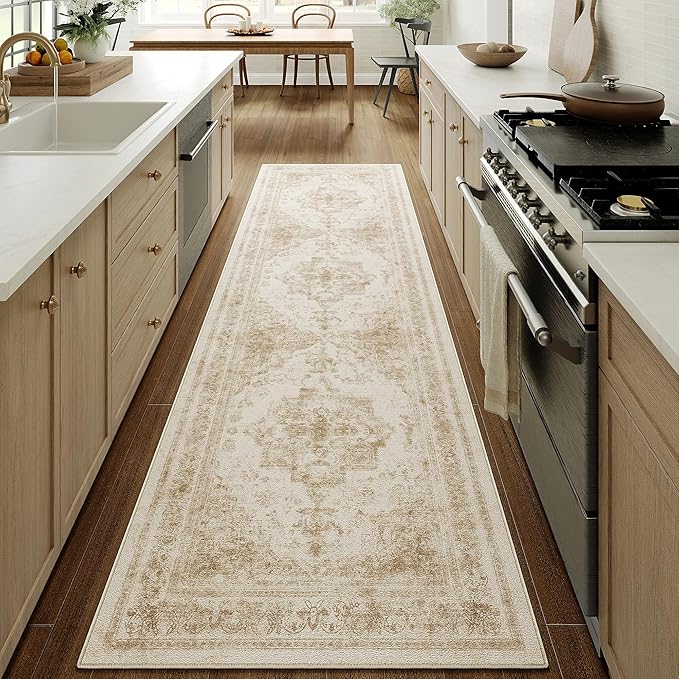 Runner Rug 3x12 Cream Hallway Washable Beige Carpet Non Slip Vintage Medallion Beige Carpet Low Pile Soft Distressed Retro Indoor Long Rug for Entryway Kitchen Bathroom Laundry Bedroom