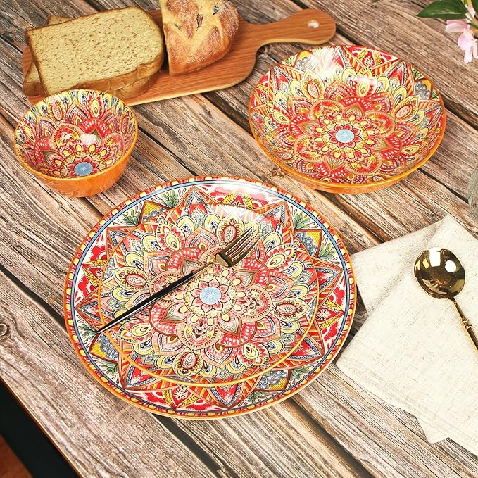 YA JU Mandala Dinnerware Sets (12 Pcs) Serves 4, Buffet Dinnerware, Boho Plates and Bowls Dish Set with 8" salad Plate 10" dinner Plate 4.8" bowl, apply Casual dining Indoor Outdoor Dining Part
