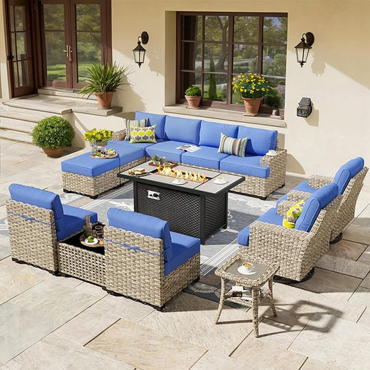 HOOOWOOO Outdoor Sectional Patio Furniture Set with Fire Pit Table,13 Pieces Wicker Conversation Sets L Shaped Couch,Extra Deep Out Door Sofa Outside Furniture with Swivel Chairs Ottomans,Navy Blue