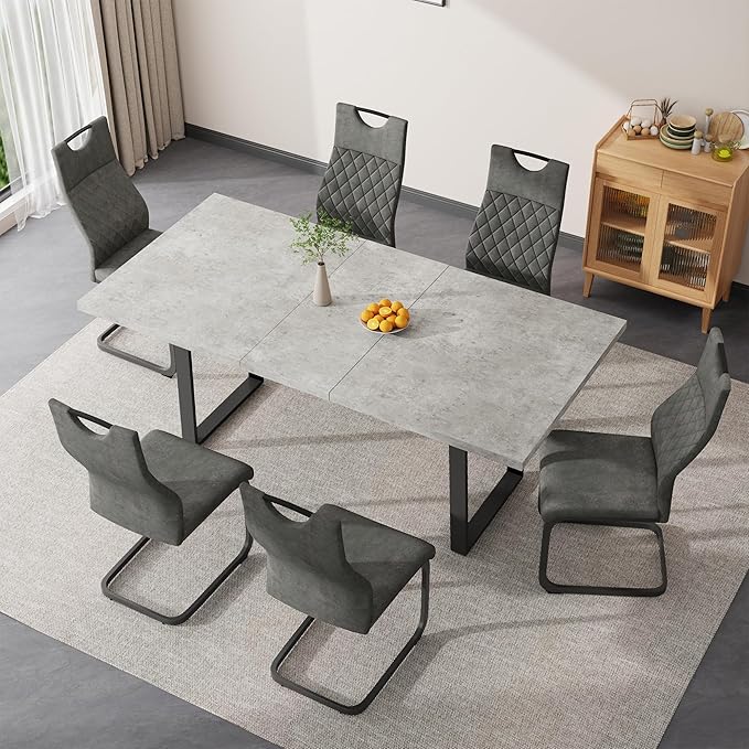 ZckyCine Modern Mid-Century Dining Table Set for 4-6 People Kitchen Dining Room Table Set Extendable Wood Dining Table and 4 Upholstered Chairs, Home Kitchen Furniture