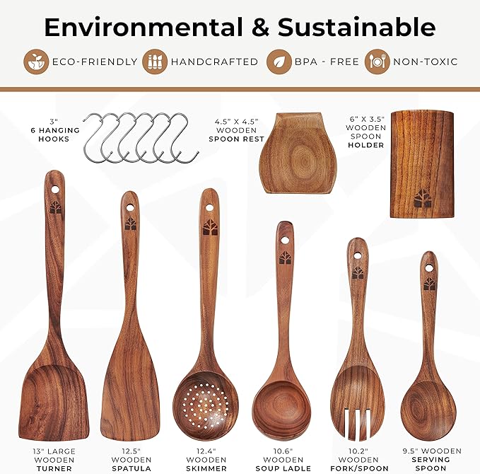 Teak Wooden Utensil Set with Spoon Rest & Hooks - Durable Wooden Spoons for Cooking with Comfort Grip - Effortless Clean, Non-Stick Friendly 8 Pcs