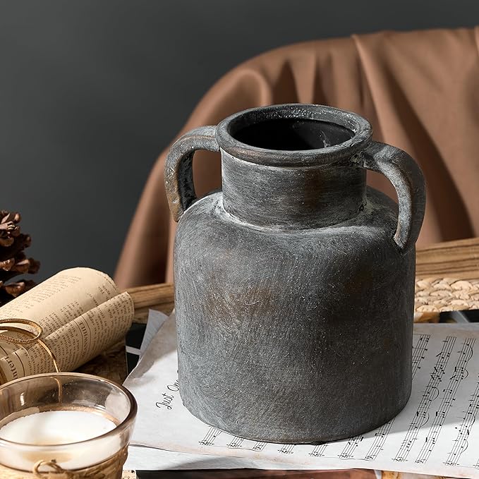 Antique Ceramic Vase with 2 Handles, 6.1 Inch Farmhouse Rustic Flower Vase, Small Vintage Terracotta Vases for Home Decor, Wedding, Living Room, Table, Shelf Decor, Black Bronze