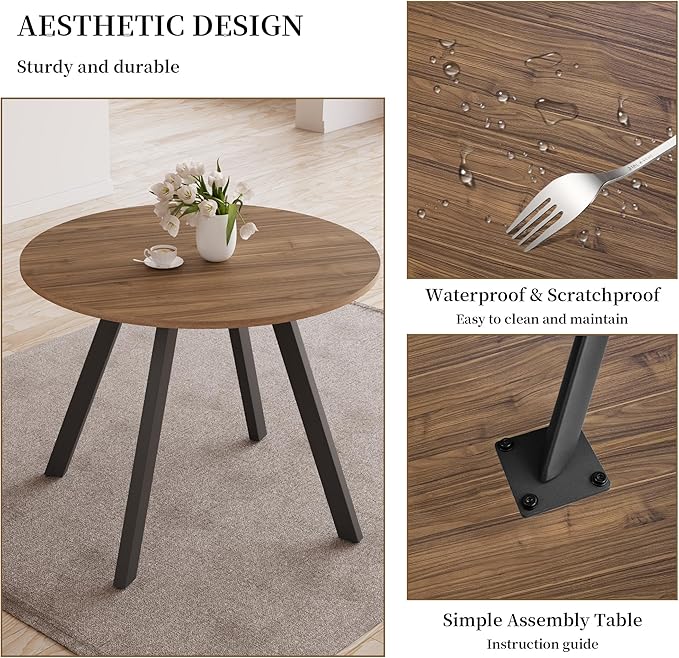 34.6'' Round Dining Table Mid Century Modern Small Round Coffee Table, Saving Space (Walnut Table)