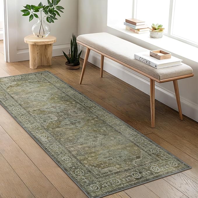 GENIMO Runner Rug 2x5 Non Slip Machine Washable Vintage Hallway Runner Rugs, Low Pile Lightweight Mat for Living Room, Entryway, Bedroom, Kitchen and Corridor, Distressed Sage
