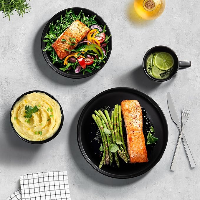 Zulay Kitchen Terra Plates and Bowls Sets, 16 Piece Modern Stoneware Dish Set for 4, Chip and Scratch Resistant Ceramic Dinnerware Set, Microwave and Dishwasher Safe, Matte Black