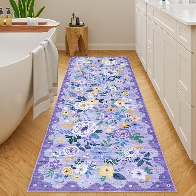 DUKINO Runner Rug, 2x10 Kitchen Hallway Carpet, Washable with Non-Slip Backing, Low Pile Soft Boho Floral for Entryway, Laundry, Bedroom, Purple