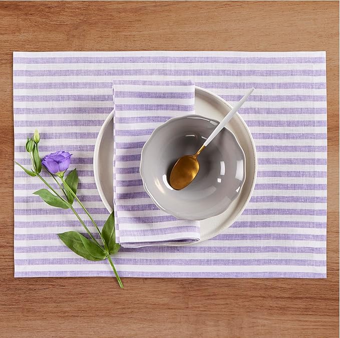 Solino Home Linen Cloth Placemats Set of 4 - Amalfi Stripe 100% Pure Linen Violet and White Farmhouse Placemats 14 x 19 Inch