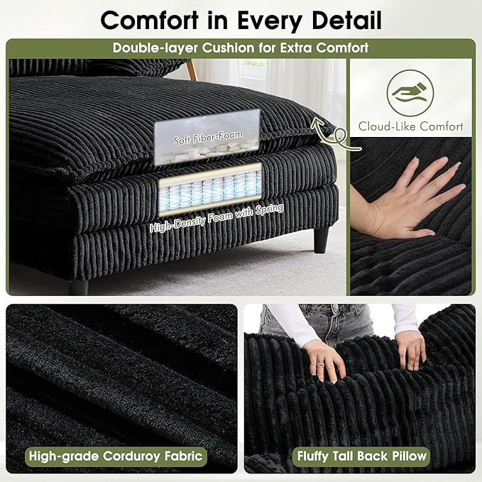 55" W Oversized Chaise Lounge Sofa Couch with 5-Position Adjustable Backrest, Corduroy Sleeper Chair Sofa Bed, Reading Chair ‌with Deep Seat, Cloud Couches for Living Room, Bedroom, Black