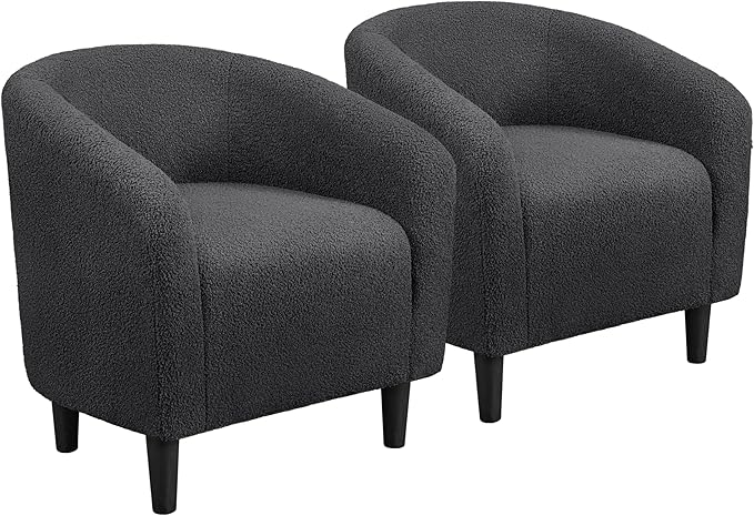 Yaheetech Accent Chairs Set of 2, Furry Living Room Chairs, Sherpa Barrel Chairs with Cozy Soft Padded, Boucle Fabric Armchais for Living Room Bedroom Reception Room Office, Dark Gray