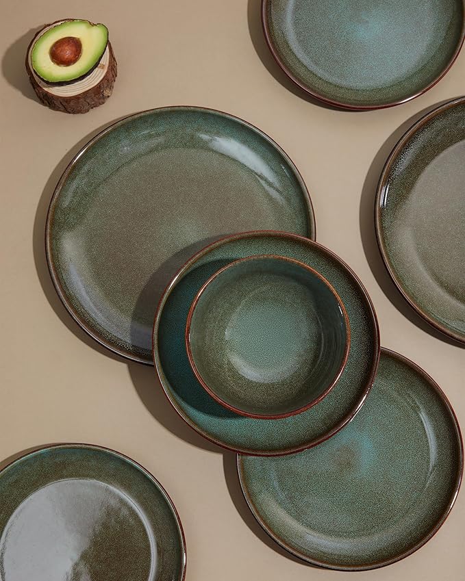 Stoneware Dinnerware Sets for 6, 18 Pieces Ceramic Plates and Bowls Sets, Chip and Scratch Resistant Dish Set, Dishwasher & Microwave Safe Plate Set, Brown Green