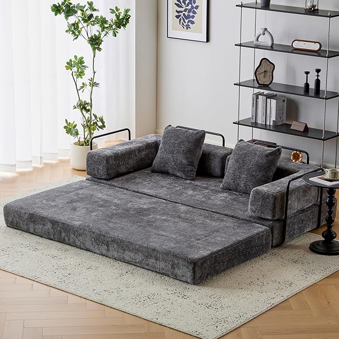 Convertible Floor Sofa Bed with Fixed-Shape Frame, Modular Chenille Folding Mattress Couch with Armrest, Floor Sofa Lounge Couch for Living Room Bedroom Lounge Studio,Dark Grey