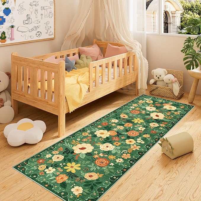 DUKINO Runner Rug, 2.6x8 Kitchen Rug for Hallway with Non Slip Backing, Washable Low Pile Soft Boho Floral Runner Carpet for Hallway, Kitchen, Entryway, Laundry, Bedroom, Dark Green