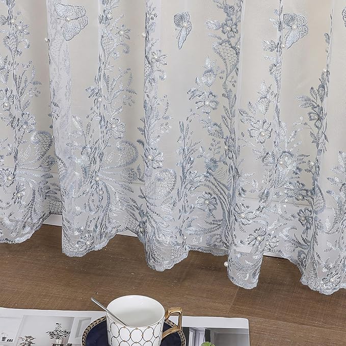 VISIONTEX White Sheer Voile Curtains, Decorative Blue Embossed Butterflies Rod Pocket Window Drapes for Home Kitchen, Living Room and Bedroom 54 x 63 Inch, Set of 2 Curtain Panels