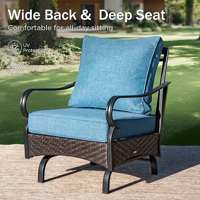 PHI VILLA Outdoor Modern Patio Furniture Set, Upgraded Wicker&Metal Patio Furniture Conversation Set with Waterproof Thick Cushions for Porch, Poolside, Deck, and Yard (5 Pieces,Navy)