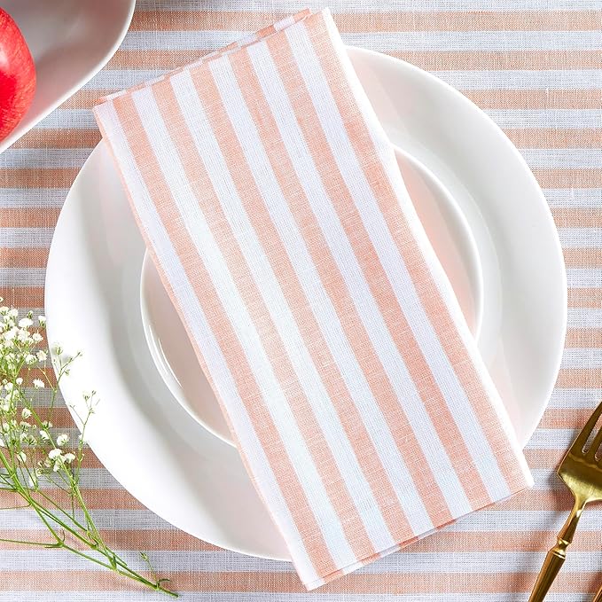 Solino Home Linen Cloth Napkins Set of 4-100% Pure Linen Coral and White Striped Dinner Napkins 20 x 20 Inch - Amalfi Stripe, Handcrafted and Machine Washable