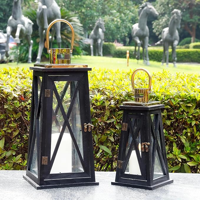 TRIROCKS Set of 2 Farmhouse Wooden Lantern 12''&18'' Metal Decorative Candle Holders with Tempered Glass Rustic Outdoor Lantern for Home Christmas Patio Wedding Parties Indoor Outdoor(Black Trapezoid)