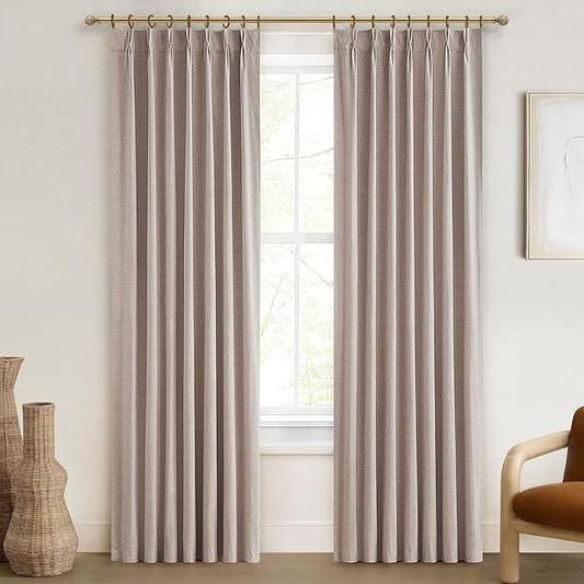 Living Room Curtains 80 Inches Long,Tan Beige Pinch Pleated Linen Basics Window Curtains Total Blackout Burlap Sunblock Thermal Drapes for Summer Cabin/Office/Nursery Room Divider (W40"xL80" 2panels)