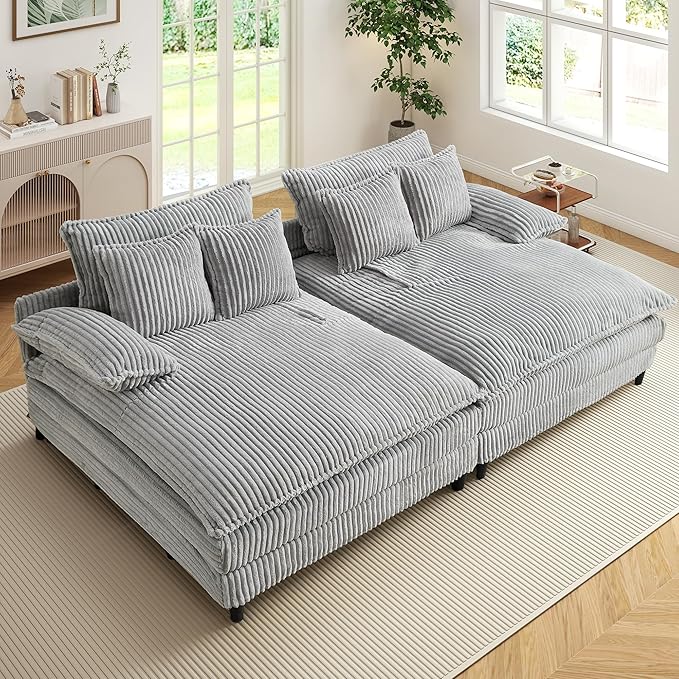 110" W Oversized Double Chaise Lounge Sofa Couch, Corduroy Sleeper Sofa Bed with Adjustable Backrest, Modern Upholstered Cloud Couch with Deep Seat & Pillows for Living Room, Grey