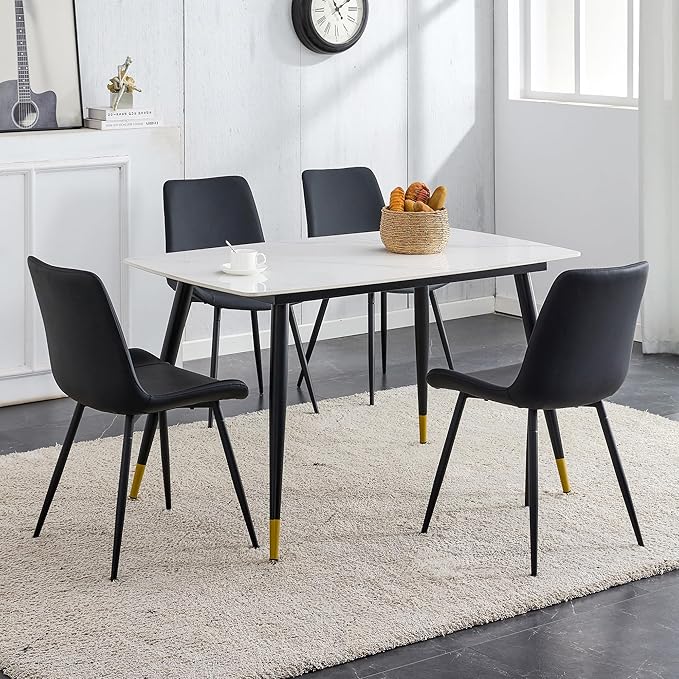 Modern Dining Table Set for 4, 50" Sintered Stone Kitchen Table and 4 Upholstered PU Leather Chair Dining Room Table Set for 4(1White Table and Black Chairs Set of 4)