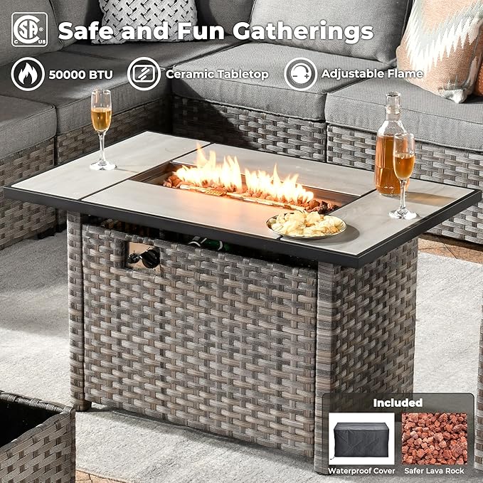 ovios 9 Pieces Patio Furniture Set, Outdoor Wicker Sectional Sofa with 42" Fire Pit Table Swivel Chair, Modern Modular Deep Seat Rattan Couch Conversation Sets, Dark Grey