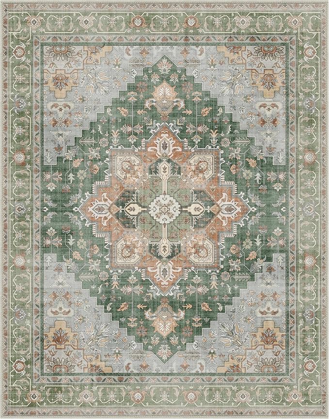 GENIMO 7x10 Area Rugs for Living Room, Machine Washable Non Slip Vintage Rugs, Low Pile Lightweight Chenille Print Rug for Bedroom, Dining Room, Home Office,Sage Green