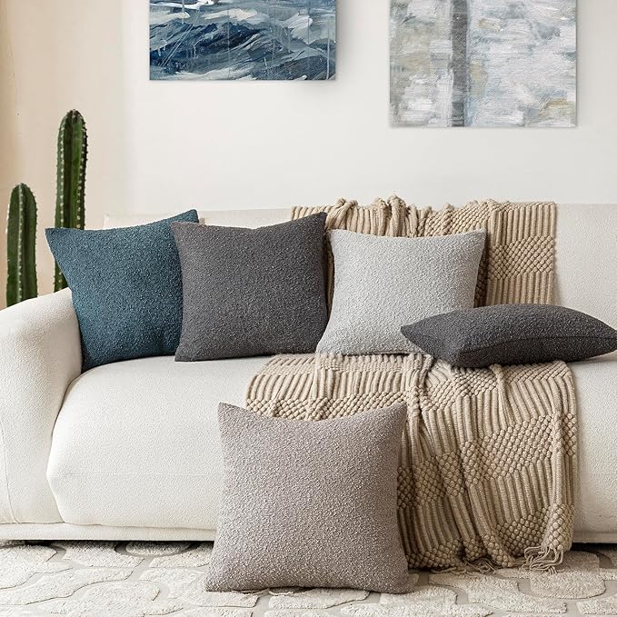 Foindtower Set of 2, Decorative Textured Boucle Throw Pillow Covers Accent Solid Pillow Cases Neutral Soft Cozy Couch Cushion Case for Chair Sofa Bedroom Living Room Home Decor 26 x 26 Inch Blue